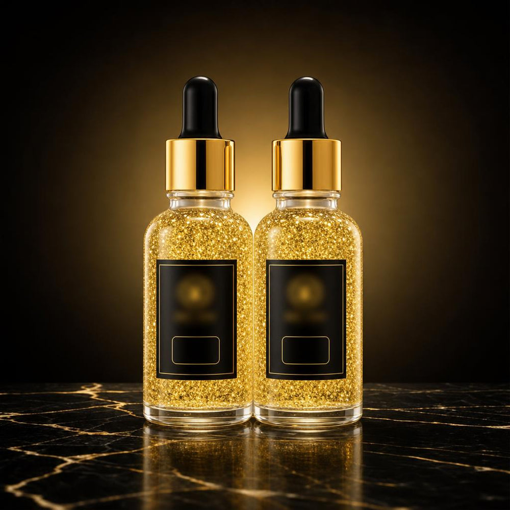Sérum de Oro 24K Aurelia, dos frascos cuentagotas sobre mármol negro y dorado